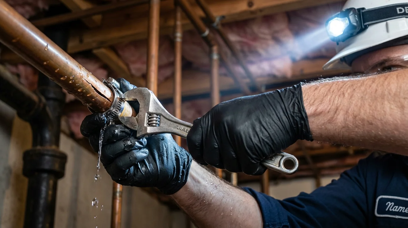 Emergency pipe clamp repair being performed by a Johns Plumbing LLC plumber in San Pedro