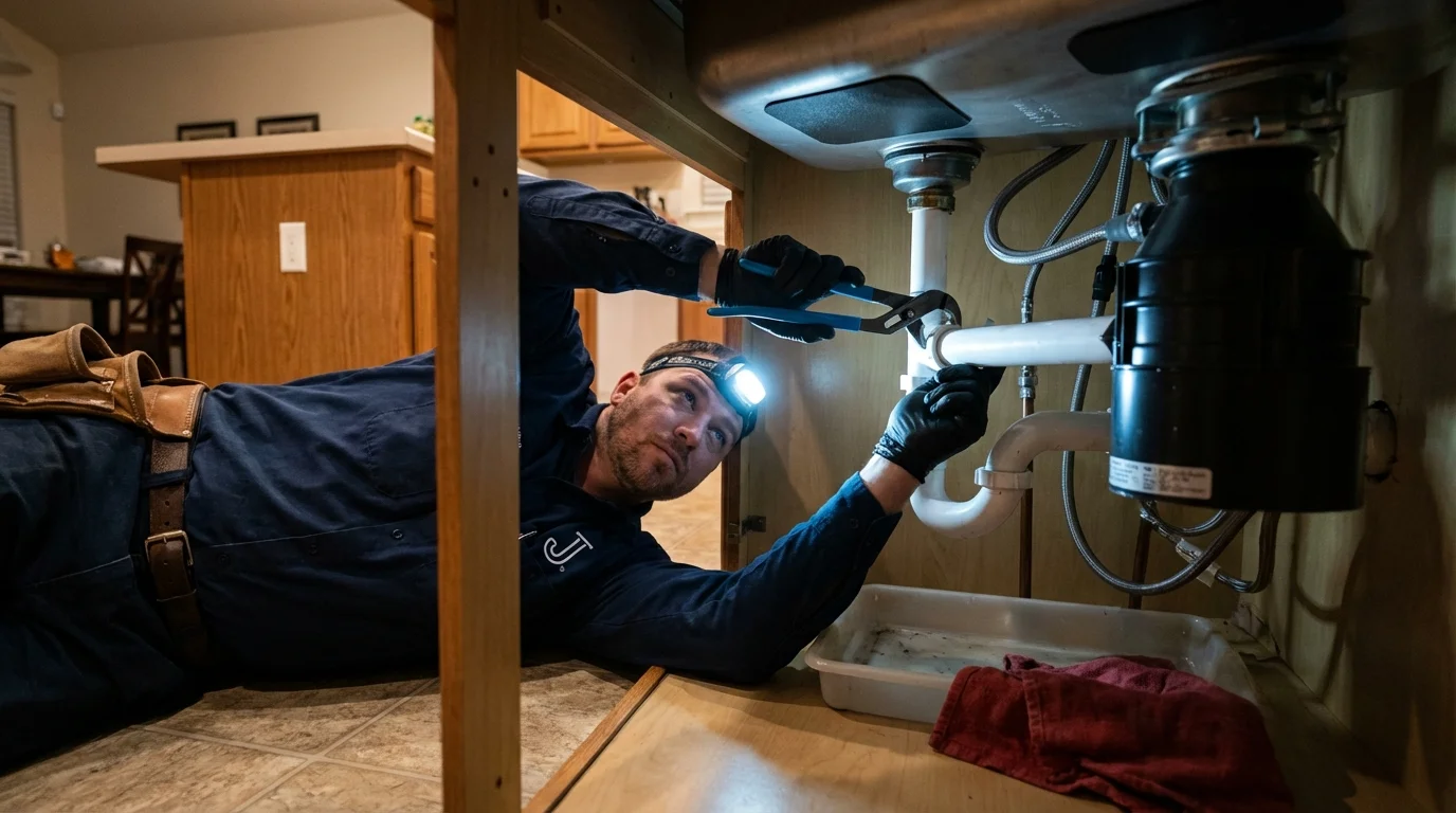 P-trap and supply line connections under a kitchen sink showing a common leak point in San Pedro, CA
